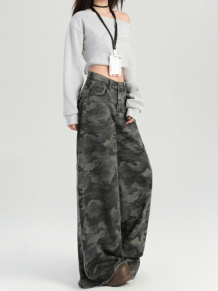 하이웨이스트 와이드 레그 카모플라주 데님 팬츠 여성용 봄 루즈핏 스트레이트 레그 트라우저 배형 체형 슬리밍 진