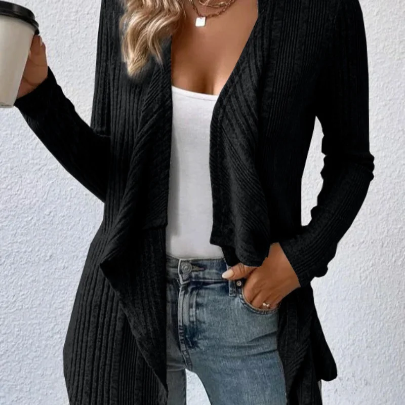 Womens Autumn and Winter  New V-neck Screw Thread Knitted Cardigan Solid Color Splicing Sweater Versatile Long Sleeves Tops