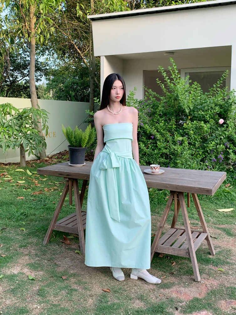 Mint Green Strapless Backless Bow Maxi Dress