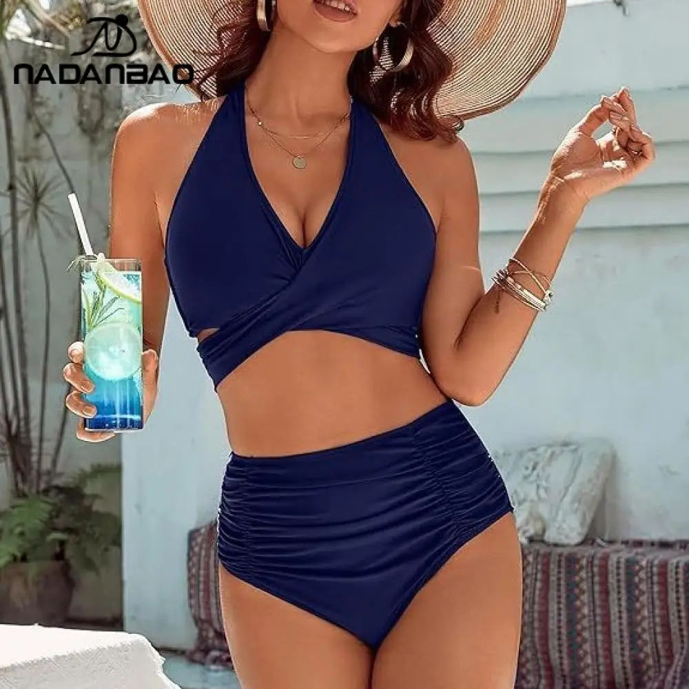 Nadanbao セクシーなソリッドカラービキニソリッドカラーハイウエスト V ネック背中の開いた 2 枚水着ビキニ夏の婦人服