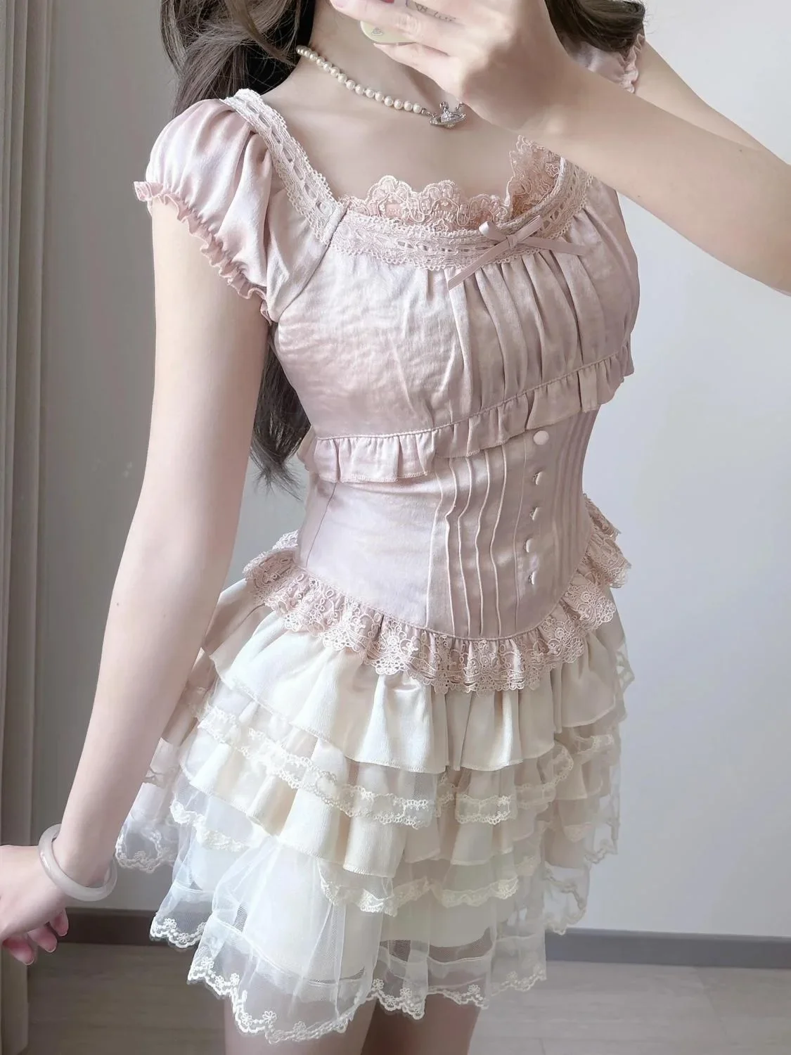 

Women Sweet Vintage Victorian Style Cutecore Coquette Shoujo girl Lolita Ruffles Mini Skirts Pink 2 Piece Sets 2025 Hot Sale