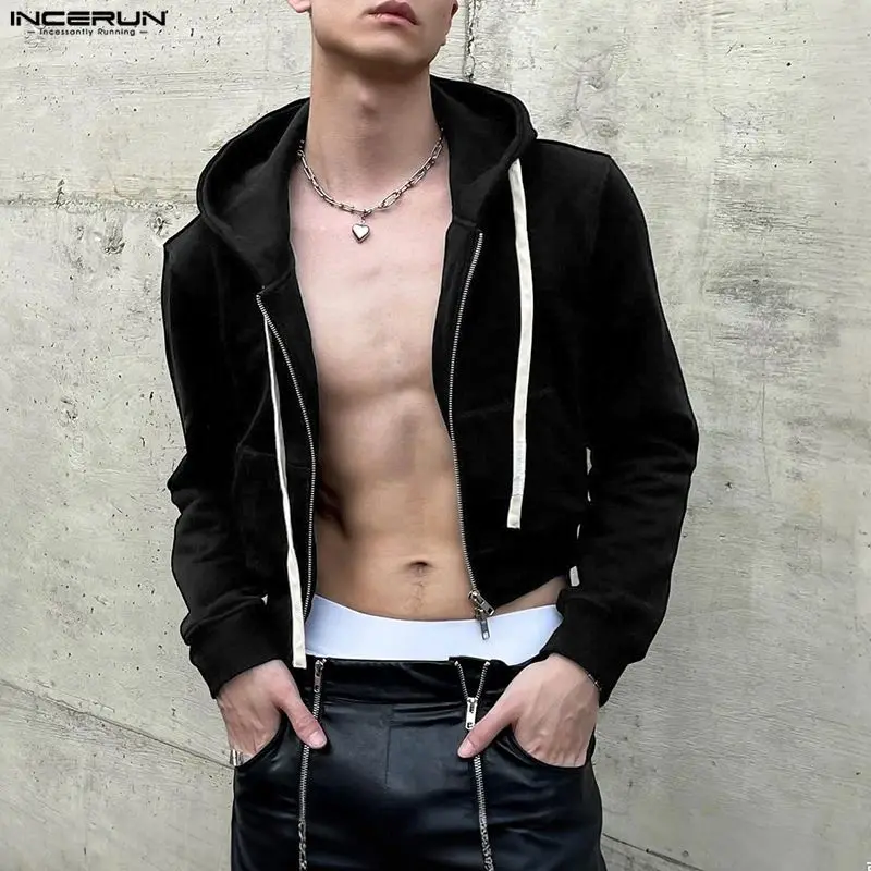 INCERUN الرجال هوديس بلون مقنعين سحاب أكمام طويلة المحاصيل بلوزات الرجال الشارع الشهير فضفاض موضة ملابس خارجية غير رسمية هوديي