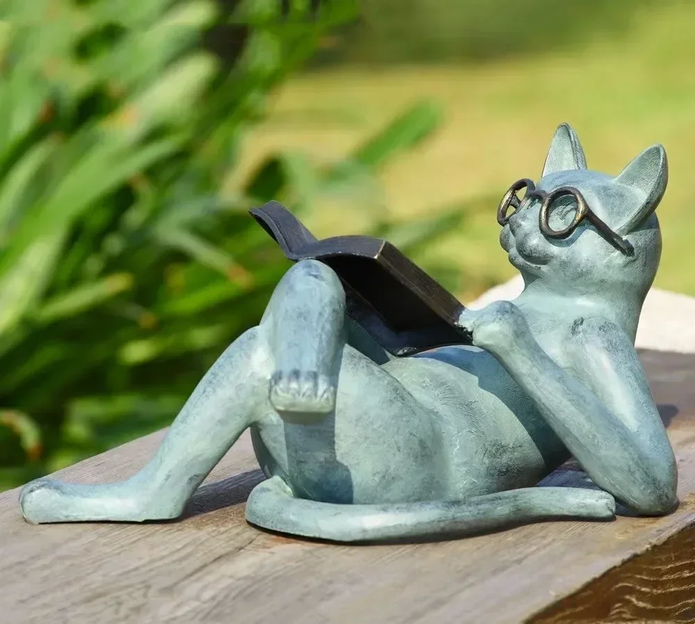 

Pastoral Literature Cat Resin Crafts Sculpture Garden Decoration Crosslegged Reading Glasses Cat Statue Ornaments Home Decor