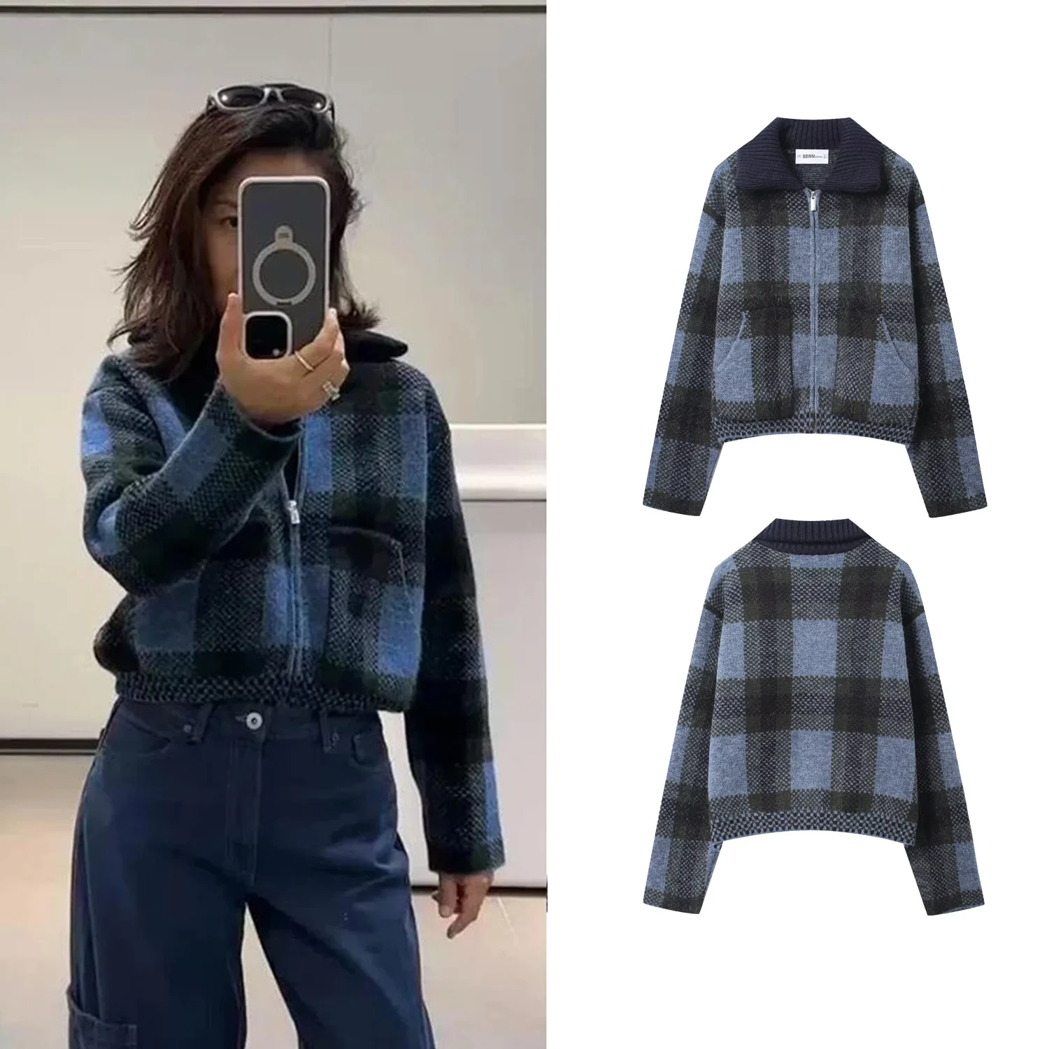 Women's Vintage Plaid Knitted Cardigan Female Loose Long-Sleeved Zipper Sweater Jacket  Autumn Winter Lady Street Knitwear