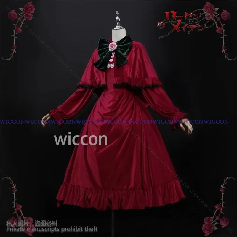 Cyanime rozen donzela shin ku cosplay traje vestido de veludo vermelho lolita chapéu perucas para meninas mulher festa de halloween personalizar