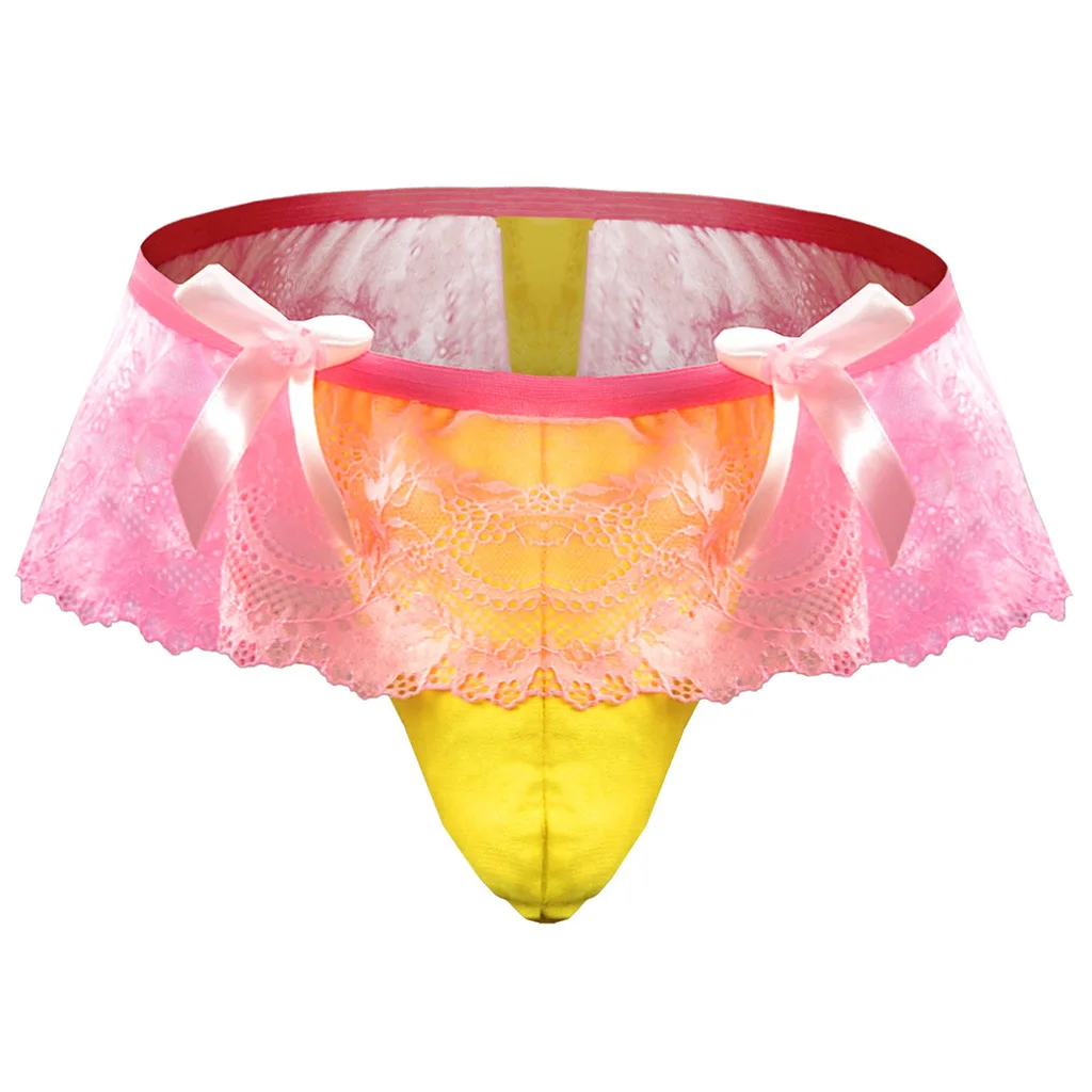 

Кружевные стринги с рюшами на спине, сексуальные стринги с низкой посадкой и U-образной выпуклой сумкой, стринги для трансвеститов, юбки с бантом для мужчин, эротическое нижнее белье