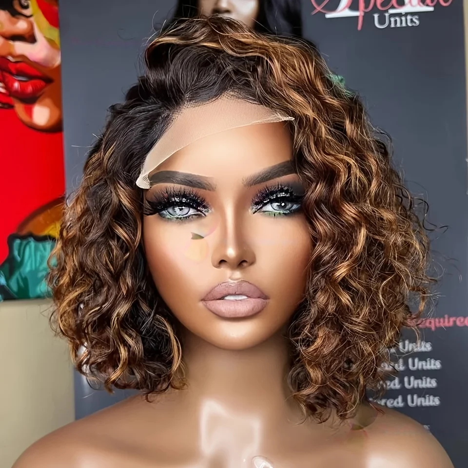 

Бесшовные парики-боб без клея, предварительно прорезиненные, мягкие, омбре-коричневые, короткие, кудрявые, с кружевной передней частью, для чернокожих женщин, с детской прядью, естественной линией роста волос, на каждый день