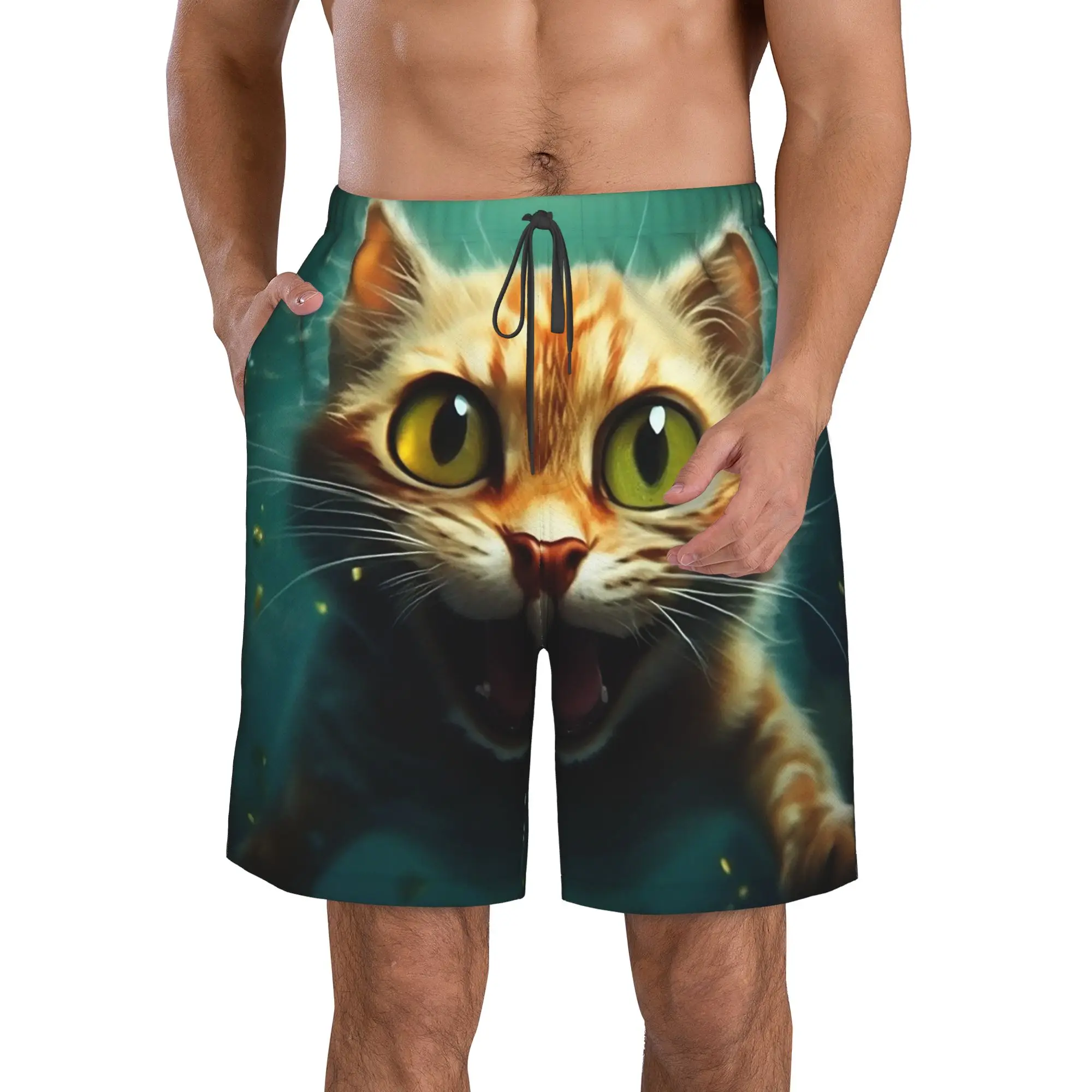 Orange Cat Swimming In The Water Trunks Beach Board Shorts Casual Quick Dry Swimming Summer Men Pants