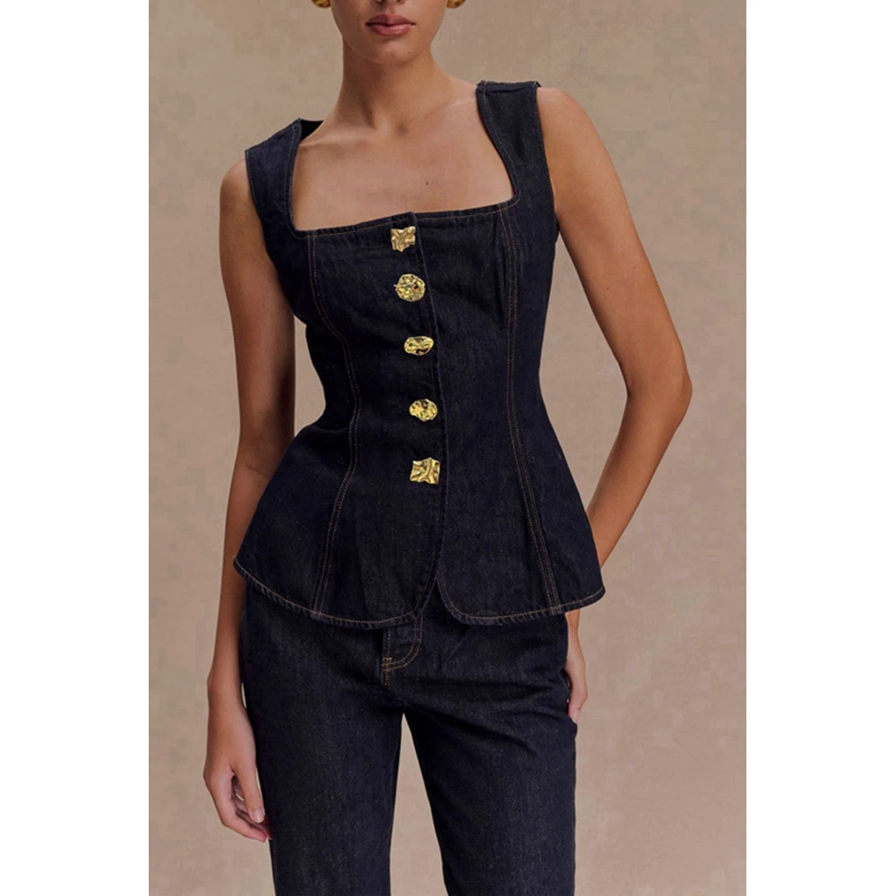 Women Fashion Sleeveless Denim 2 Pieces Set Femme Casual Elegant Pants Suits Summer Wide Strap Vest Top & Pants Sets