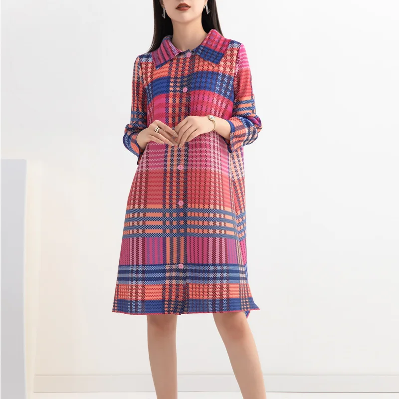 

Miyake pleated print coat dress 2022 autumn new fashion loose thin cardigan single-breasted fashion casual basic dress