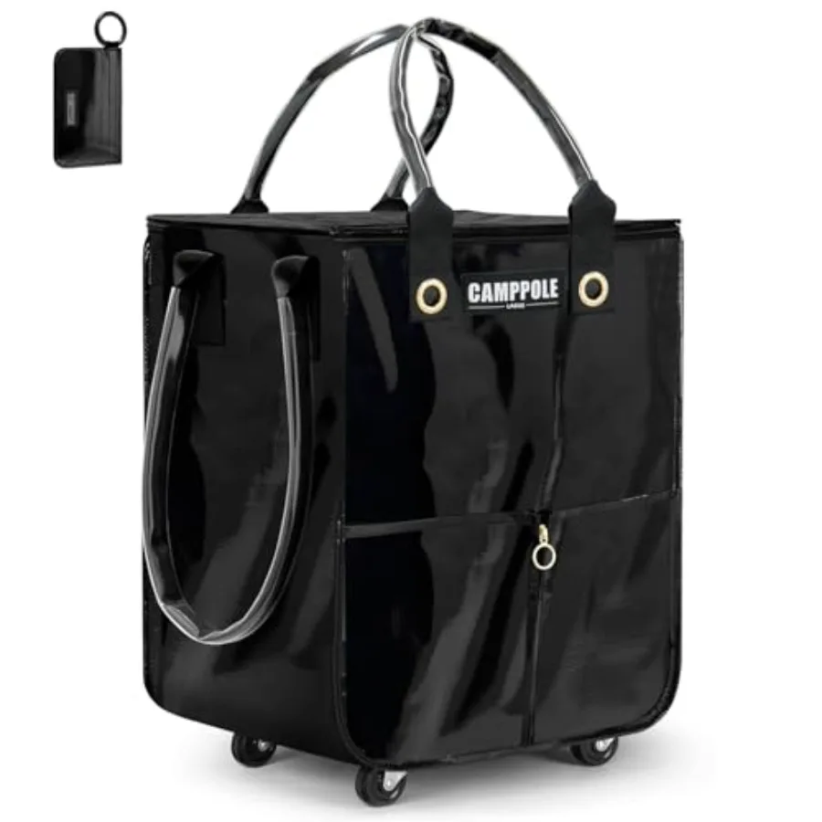 

Shopping Cart on Wheels with Card Holder, Folding Reusable Grocery Bag, Lightweight Rolling Tote, Waterproof Black Bag for Trav