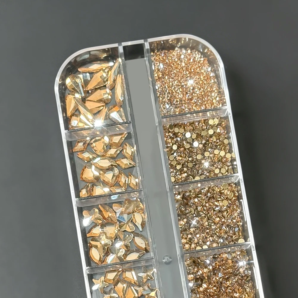 1Box Heart Butterfly Star Round Stones Nail Accessories Champagne Gold Multi-shape Nail Rhinestones Everyday DIY Nail Art Crafts