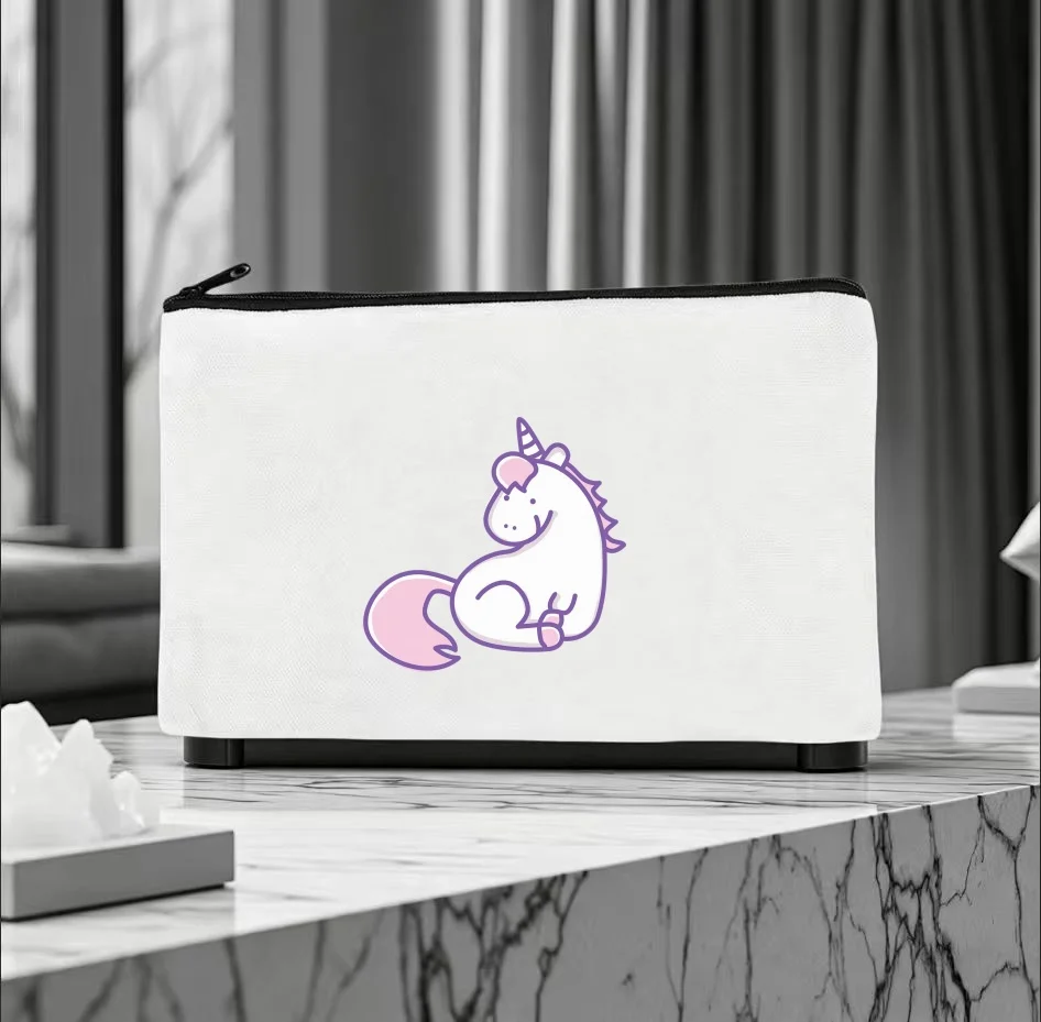 1pc Cute Cartoon Pink Unicorn Double Sided Printing Makeup Bag Unisex Portable Travel Canvas Cosmetic Storage Pouch