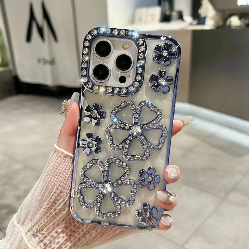 Luxury Plating Flash Flowers Shiny Rhineston Phone Case Cover For iPhone 16 15 14 Pro Max 16 15 Plus 13 12 11 Pro