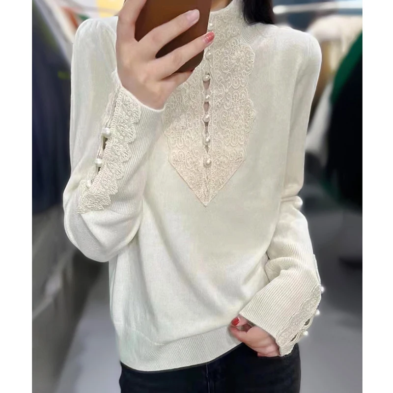 Dentelle longue Sve Base irt femmes automne hiver léger minceur f haut Ne évider pull tricoté haut