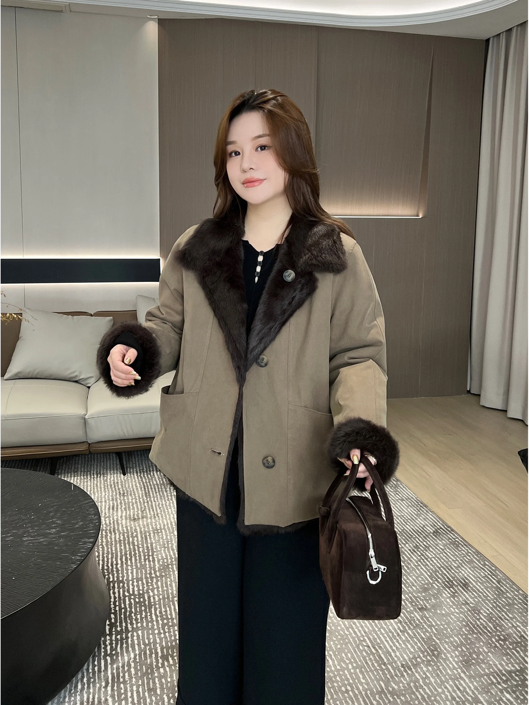 

Double-Sided Wear Rabbit Fur Silk Cotton plus Size Women's ort Parka Jaet MKNN MK3450 Winter Thiened Long Sve Coat