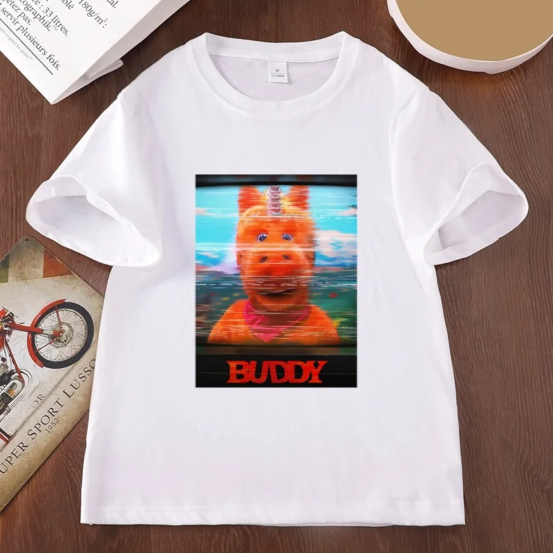 Buddy-Einhorn-T-Shirt für Damen und Herren, aus Baumwolle, dunkles Buddy-T-Shirt, lässiger Schnitt, Rundhalsausschnitt, bedruckt, kurzärmelig, Grafik-T-Shirt. – Detail 10