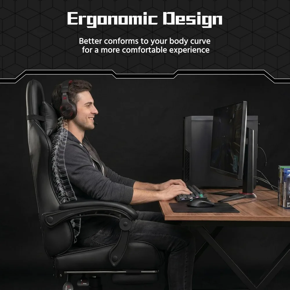 Comfortable PU Leather Gaming Chair with Footrest Massage Lumbar Pillow Reclining; Durable Metal Frame Supports Up to 300 lb view 5