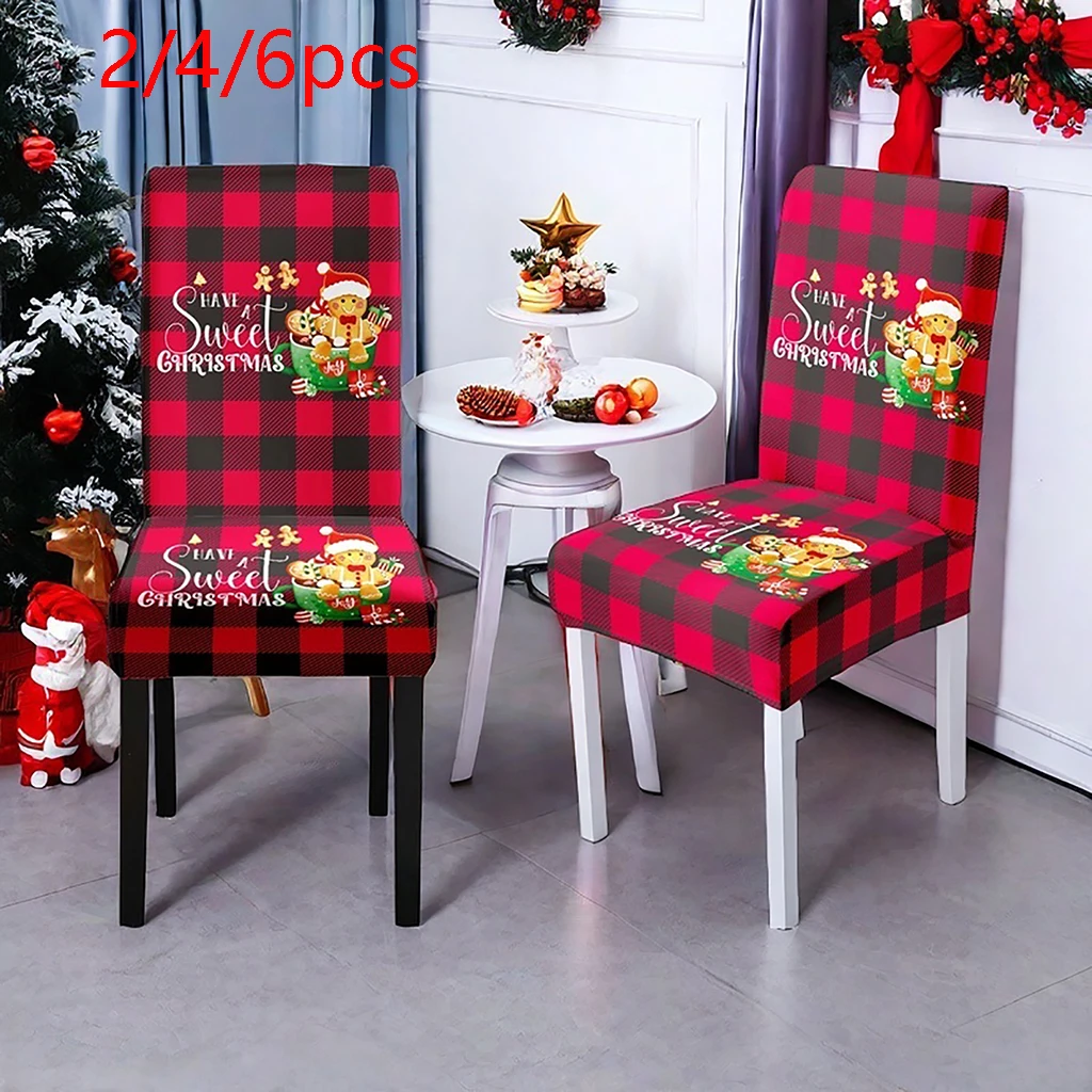 2/4/6 قطع من أغطية كراسي تناول الطعام لعيد الميلاد مصنوعة من نسيج حرير الحليب المرن، قابلة لإعادة الاستخدام وقابلة للغسل، مع طباعة رجل الزنجبيل.