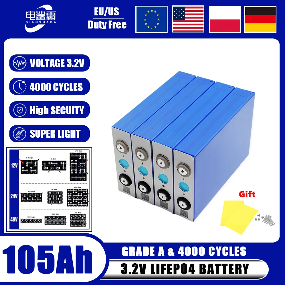 

Lifepo4 105Ah 3,2 В Батарея 4000+ циклов Литий-ионная аккумуляторная батарея класса A DIY 12 В 24 В для автофургонов, яхт, фургонов, тележек для гольфа США/ЕС