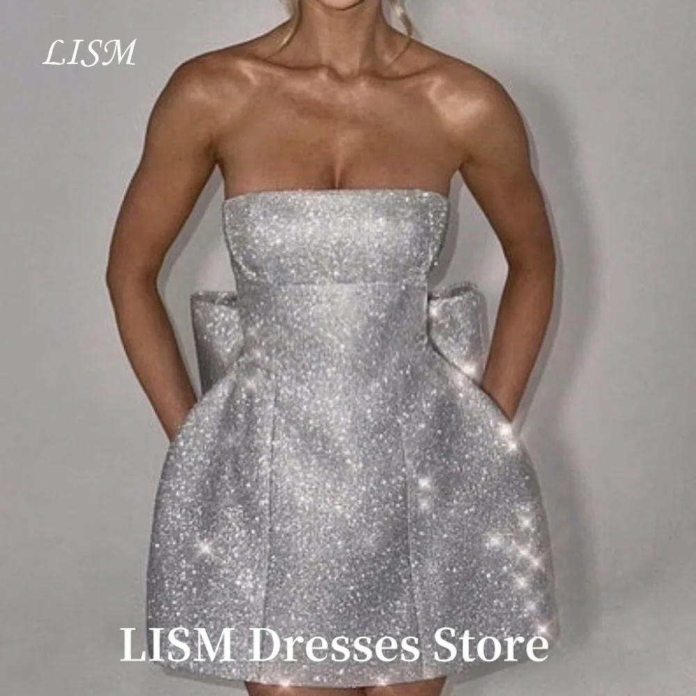 

LISM Simple A-Line Mini Party Dresses Strapless Soft Satin Sleeveless Above Knee Length Elegant Evening Gowns Customized Corsets