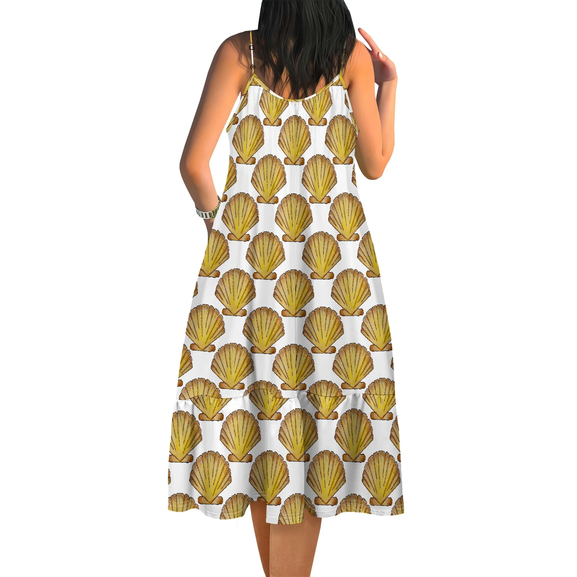 Muschelmuster Boho Sommerkleid Damen Atmungsaktives Midi für Cocktail-Heckklappenparty