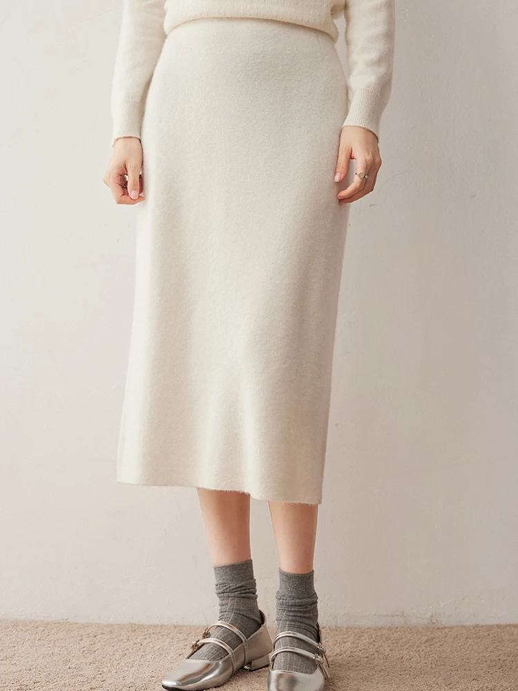 Grace Women Cashmere Skirts Basic Office Lady Knit Autumn Winter 100% Cashmere Knitted Solid Thick High Waist Soft Casual Skirts