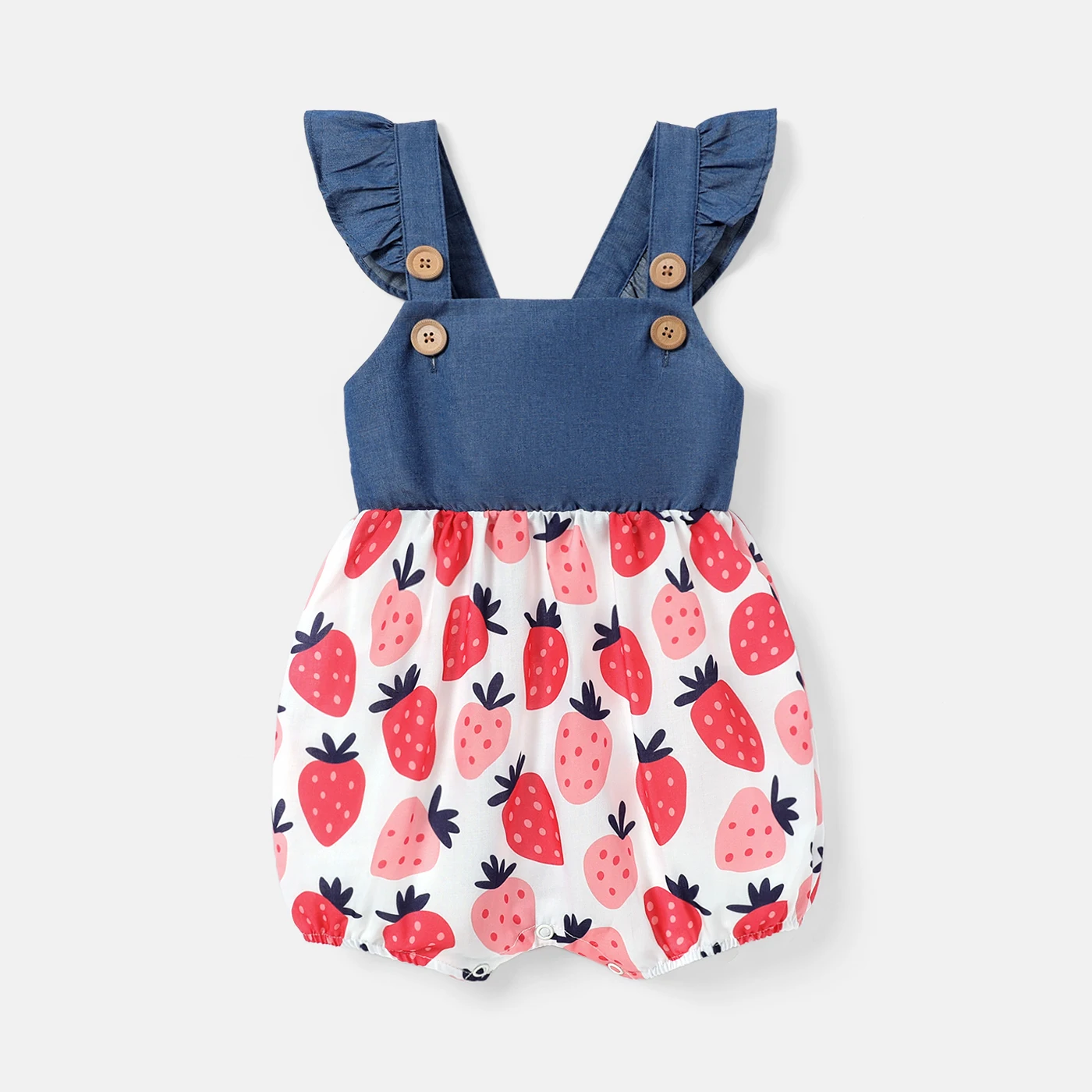 

PatPat Baby Girl Strawberry Print Denim Splice Flutter-sleeve Overalls