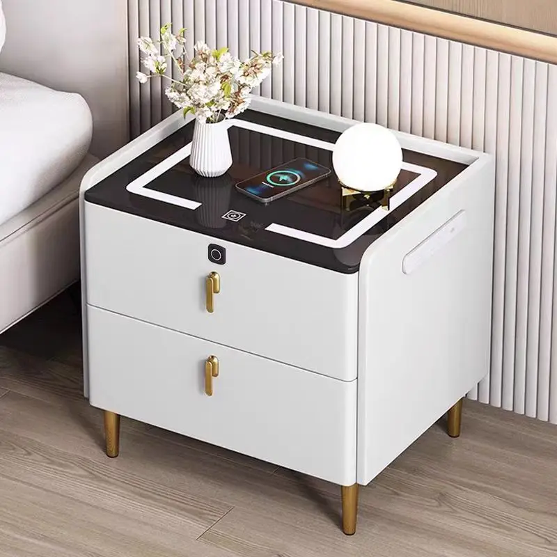 

Smart Bedside Table Small Stainless Steel Handle Simple Modern Luxury Solid Wood Wireless Charging Two-drawer Bedside Table