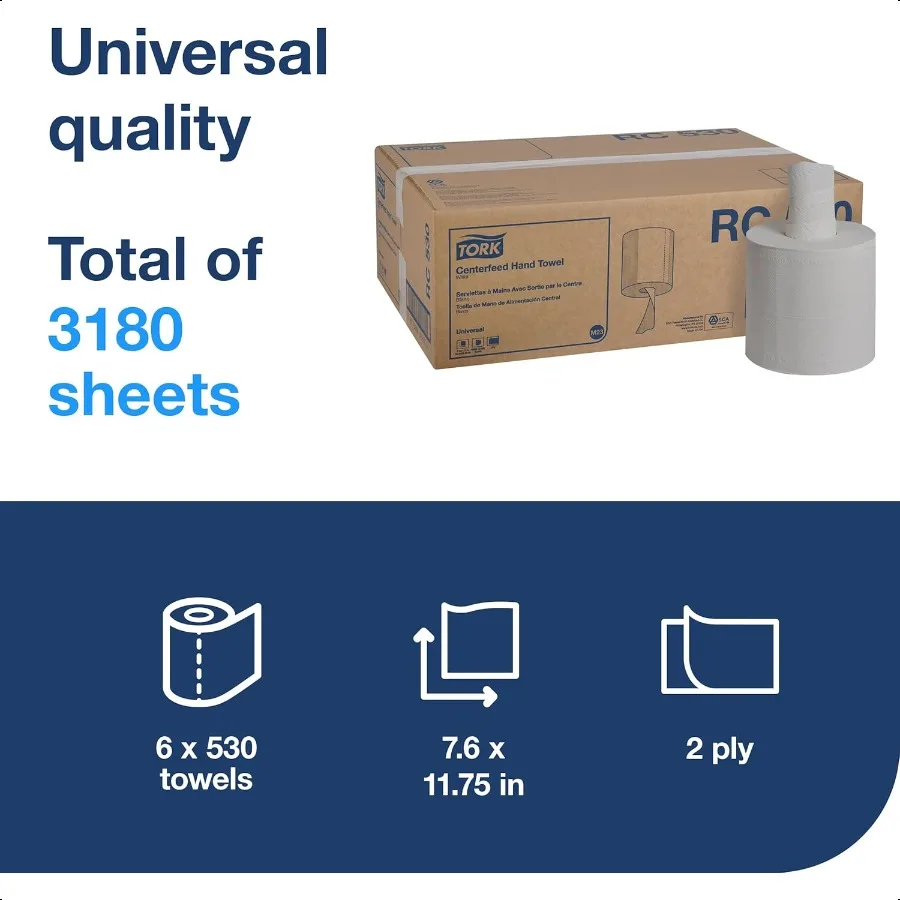 Centerfeed Hand Towel White Oneatatime Dispensing M23 Compatible 6 Rolls x 530 Sheets RC530