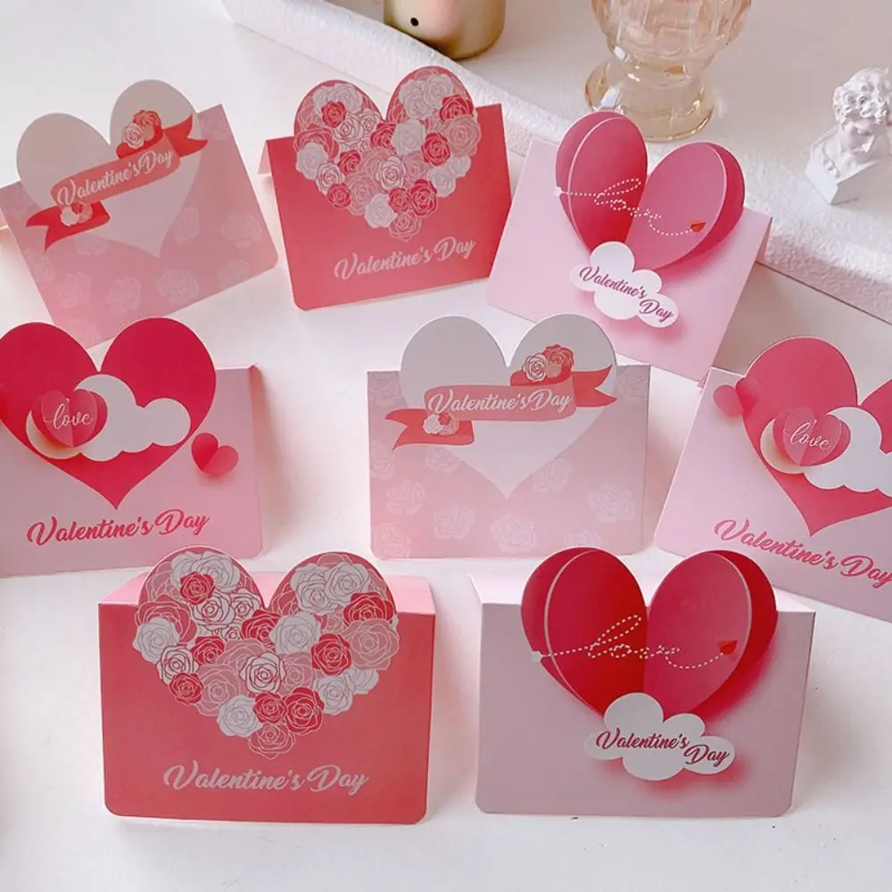 

10pcs/bag LOVE Heart Shape Greeting Card Valentines Day Gift Wedding Invitations Rose Folwer Romantic Blank Folding Card