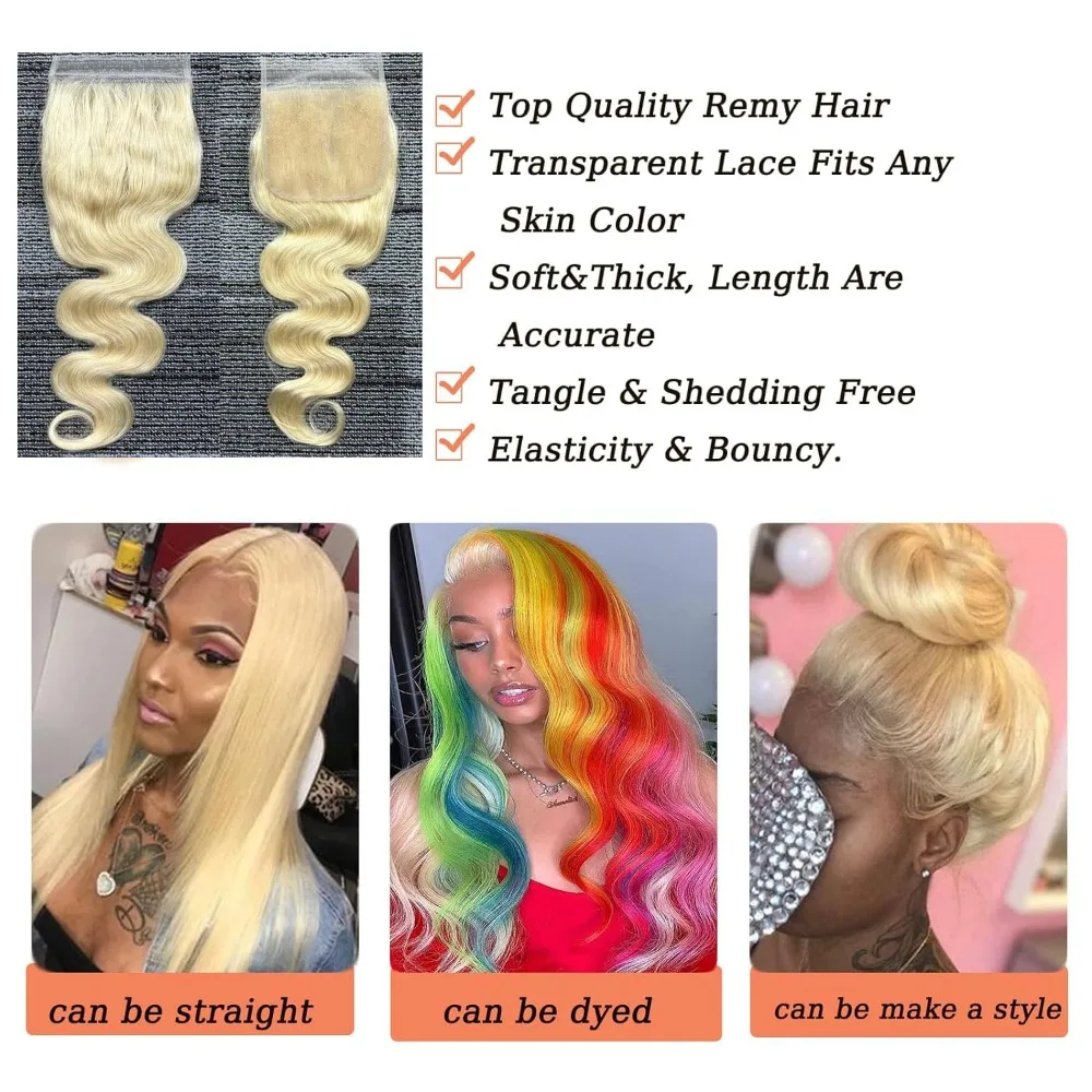 613 Rubio 4x4 Cierre de encaje transparente Invisible Skinlike Cierre de encaje 12A Grado onda del cuerpo cabello humano prearrancado con pelo de bebé