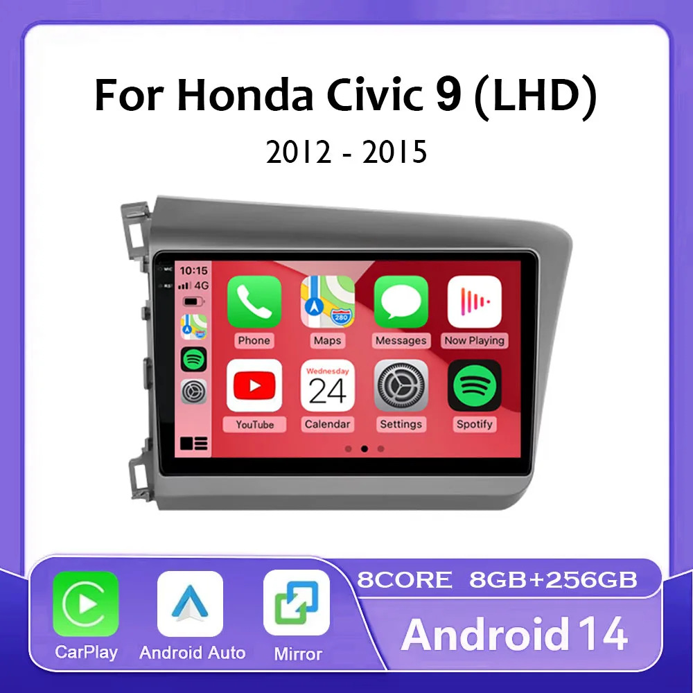 

Android 14 беспроводной Carplay Android Auto автомобильный радиоприемник для Honda Civic 2012 2013 2014 2015, мультимедийный видеоплеер, авторадио 4G + WIFI