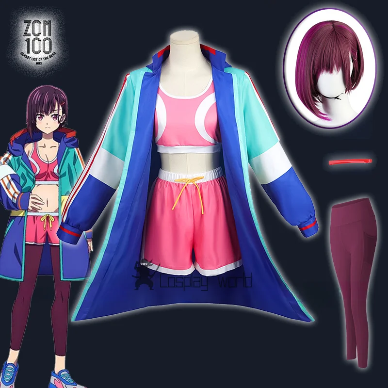 Disfraz de Shizuka Mikazuki, disfraz de Anime Zom 100, peluca con capucha, chaqueta, sujetador, pantalones cortos, horquilla, pantalones de Yoga, cubo, lista de los muertos