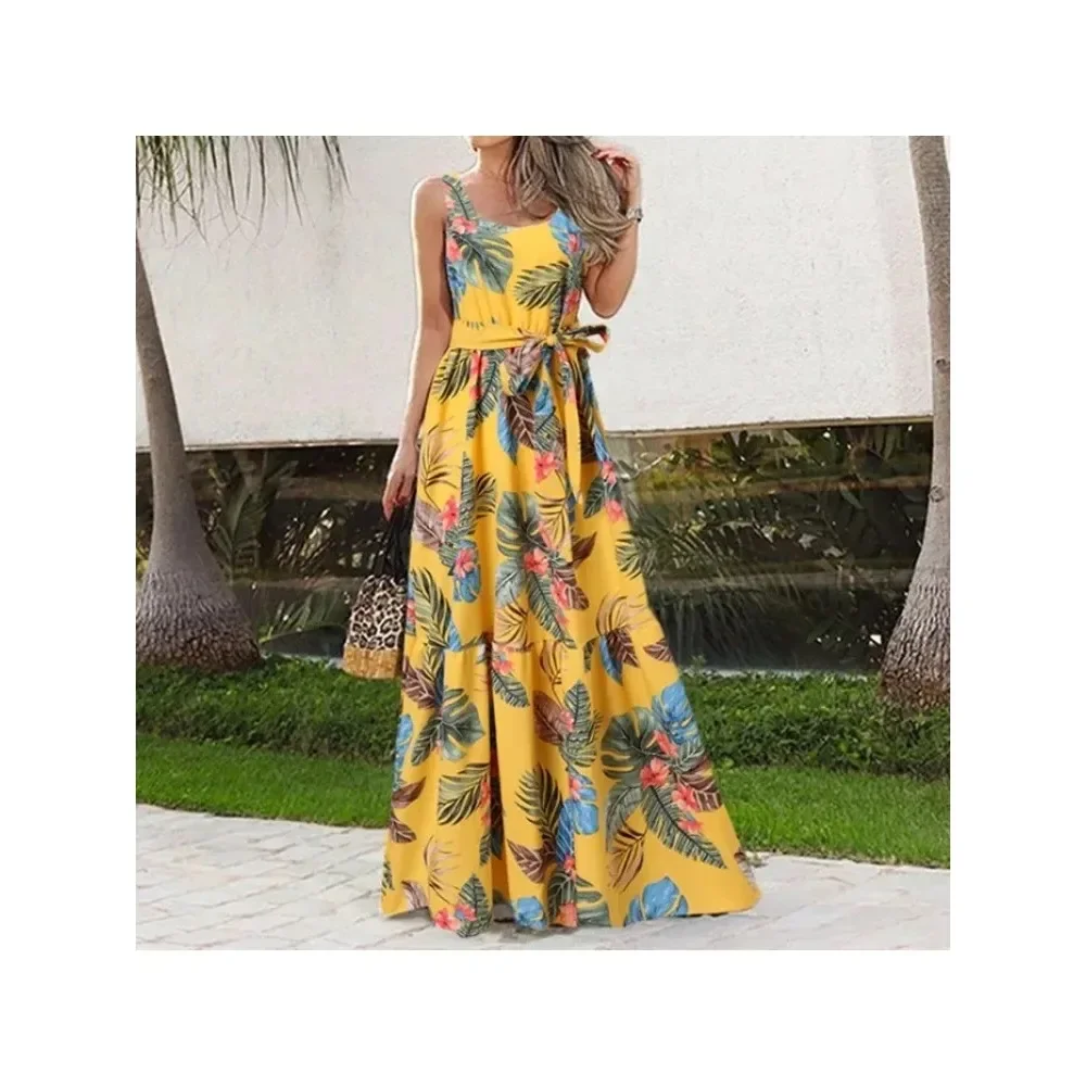 Damska sukienka Plus Size 1XL-5XL Summer Square Neck Sleeveless Belt Casual Dress Elegant Flower Print Fashion Loose Long Dress