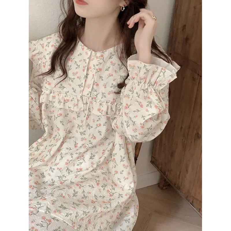 Floral Print Sleepwear Women Pajama Suit Fashion Ruffles Spring Long Sleeve Sets for Women 2 Pieces Korean Piiama Pants 2024 New