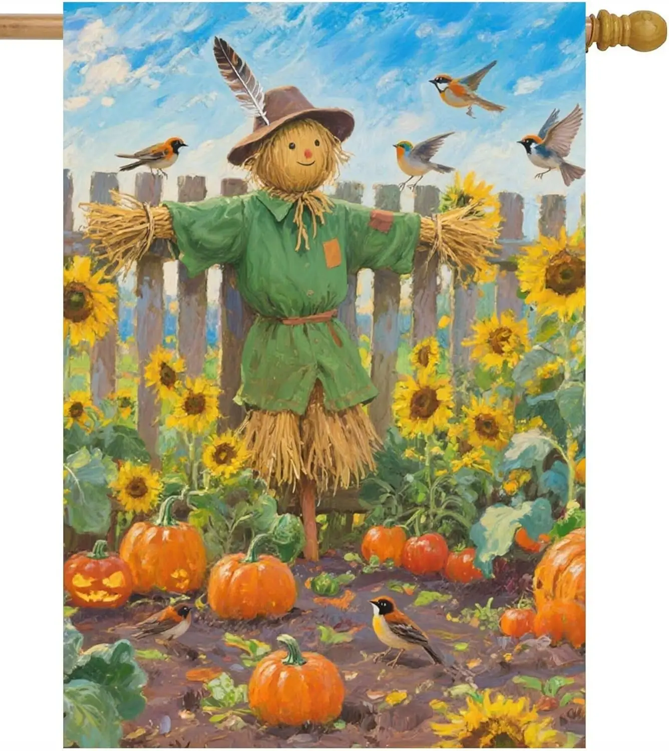 Cute Scarecrow with Birds Sunflowers Pumpkin Harvest Fall Thanksgiving House Flag 28