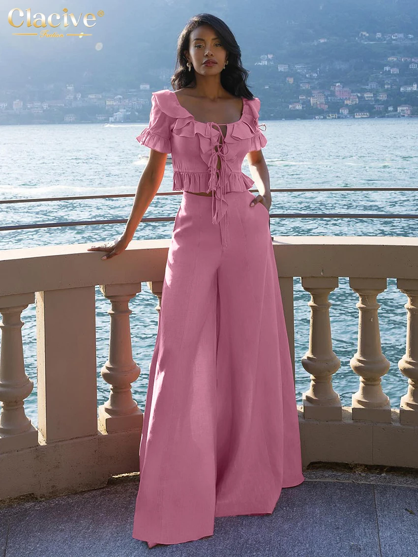 

Clacive Summer Loose Pink Trousers Set 2 Piece Woman 2026 Sexy Short Sleeve Crop Shirt With High Waist Wide Pants Set Female