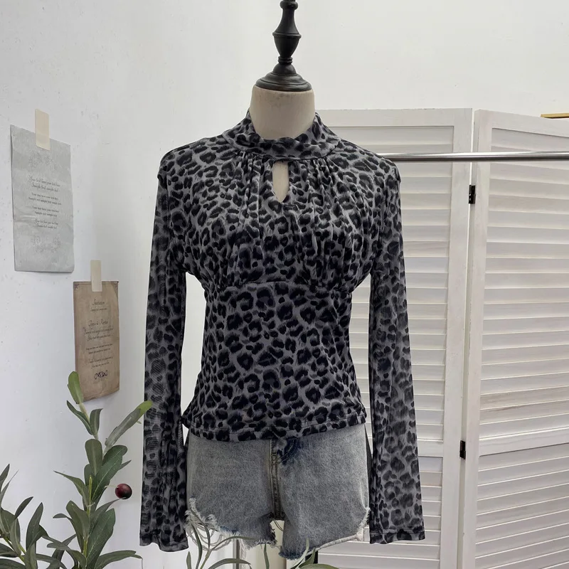 Leopard Print Stand-up Collar Hollowed Out Sexy Long-sleeved T-shirt Bottoming Shirt Mesh Spice Girl Top