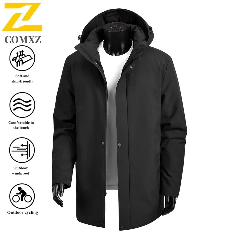 

EIAO Autumn Men's Winter Mediumlong Hooded Jacket Korean Style Solid Color Waterproof Windproof Coat for Hiking Camping Fishing