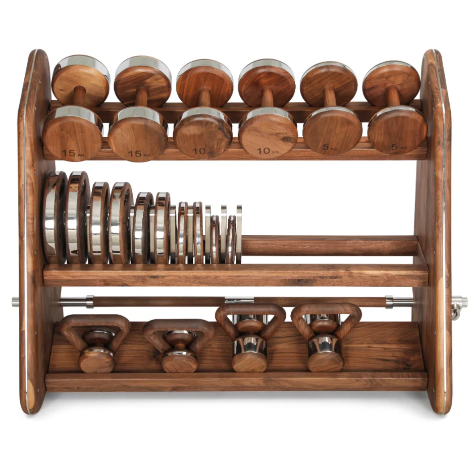 High-end luxury free-weight stainless steel combination dumbbell/barbell/kettlebell for a powerful wooden fitness set