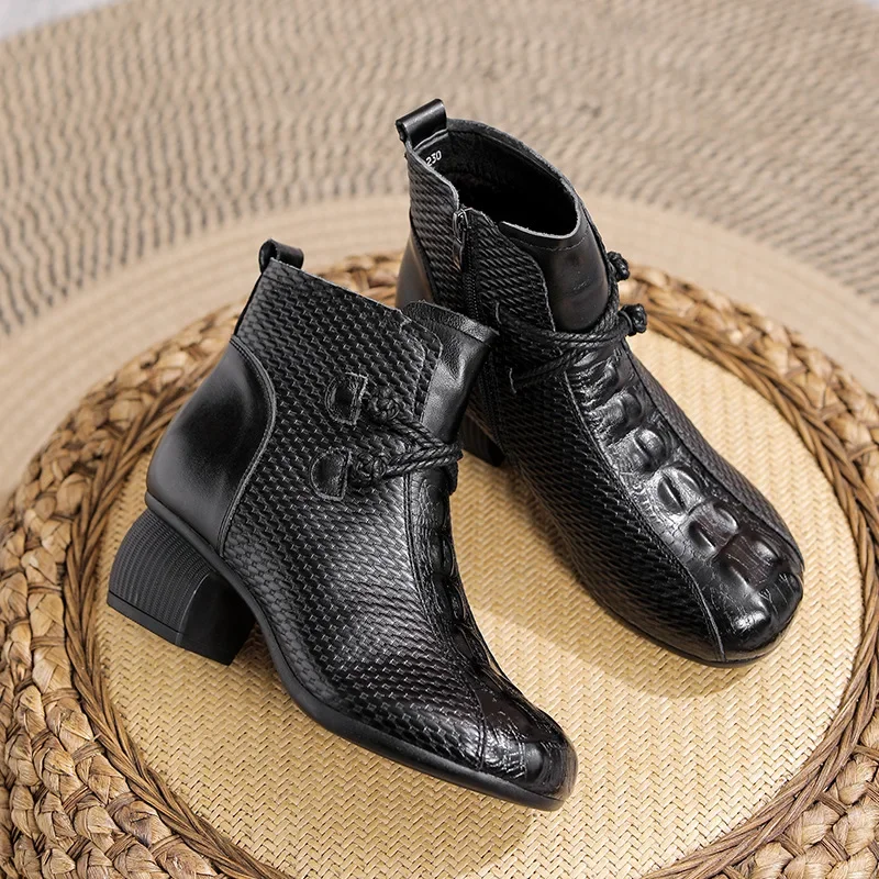 Autumn and Winter Ankle Boots Alligator Print Retro Chunky Heel Women's Boots Warm Non-slip Mother Shoes Women's Cotton Boots