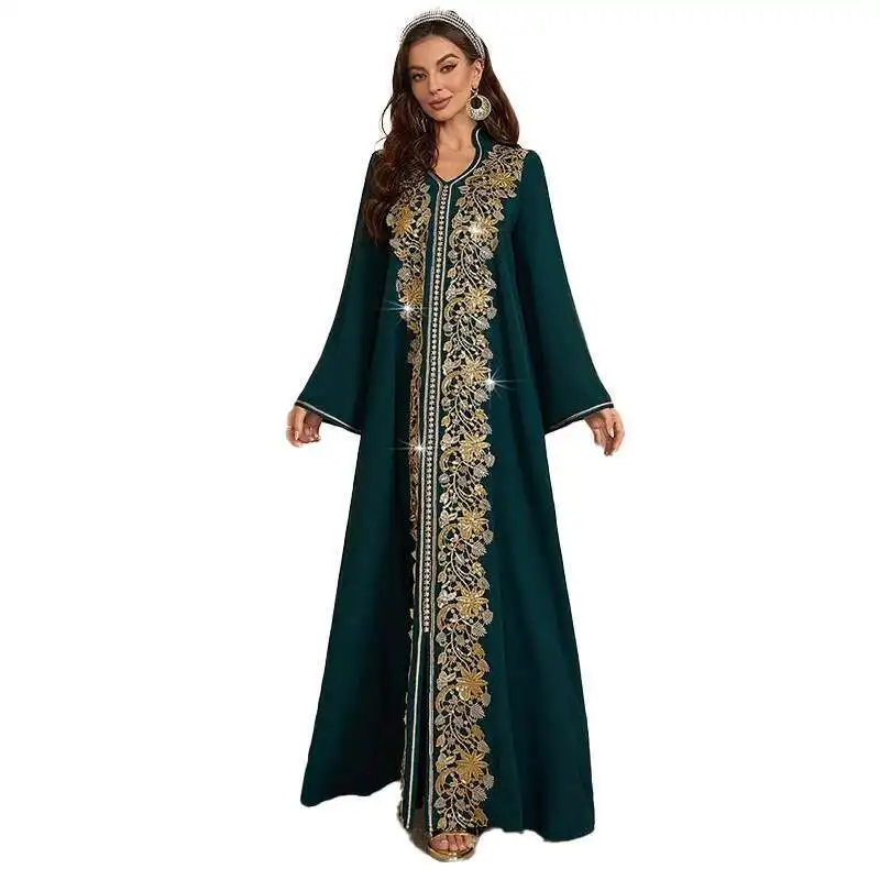 Ky769 มุสลิมสไตล์ชาติพันธุ์ Robe V คอชีฟองทรัมเป็ตแขนปักจัดเลี้ยง Robe Ramadan ดูไบหรูหราอิสลาม Elegant