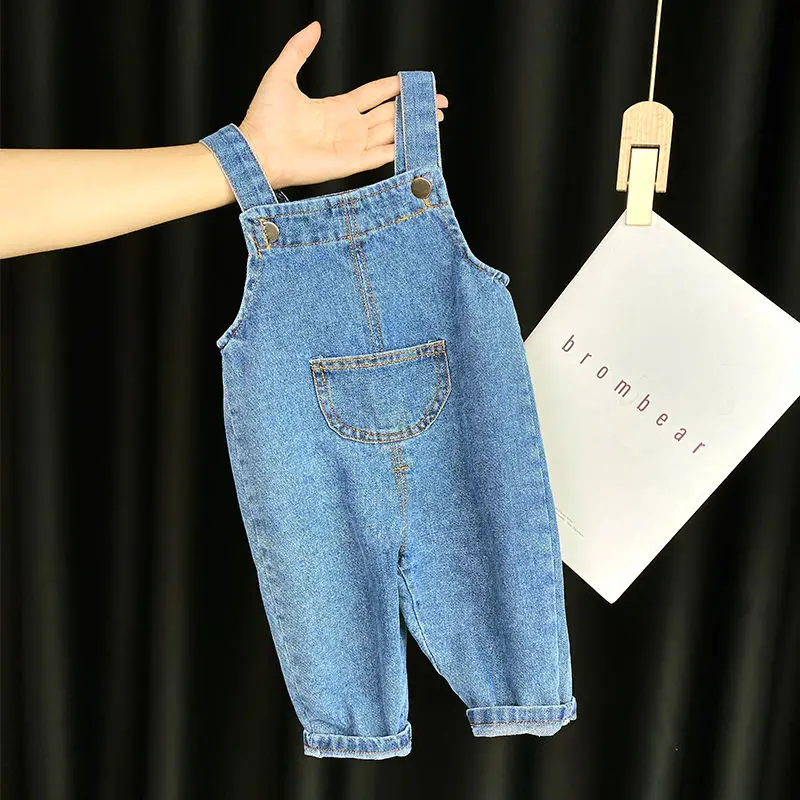 2023 New Korean Fashion Girls Jumpsuit Clothes Solid Denim Suspende Sweet Cute Kawaii Toddler Boys Jeans Pants Children Overalls