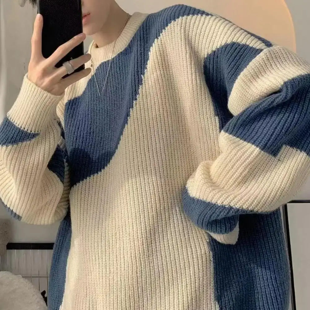 Herbst Oansatz Stricken Pullover für Männer Kuh Patchwork Pullover Männer Lose Beiläufige Harajuku 2023 Koreanische Mode Herren Übergroßen Pullover