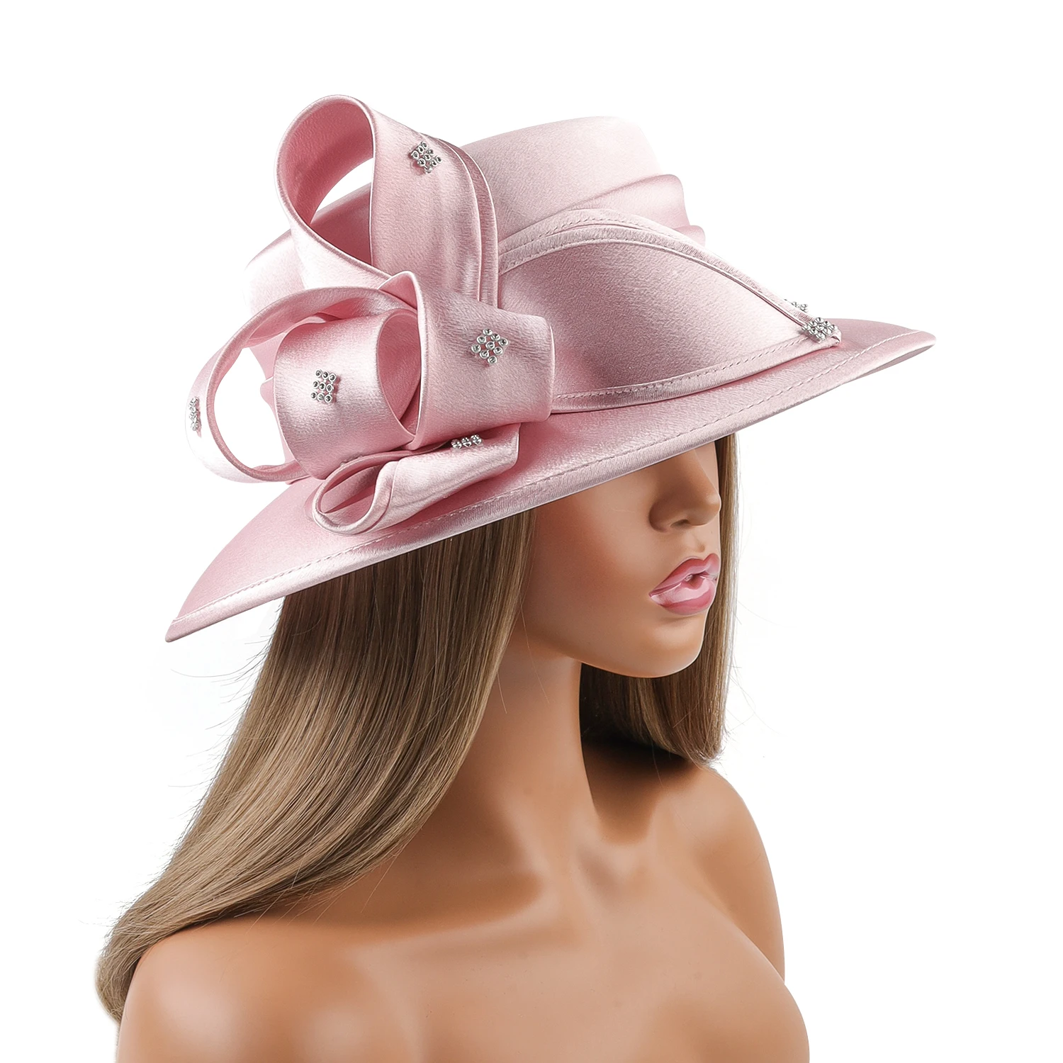 HotSale Pink Cocktail Satin Cloth Hat Elegant Photography Hats Chain Fashion Formal Hat Masquerade Flower Wedding Top Hat Female