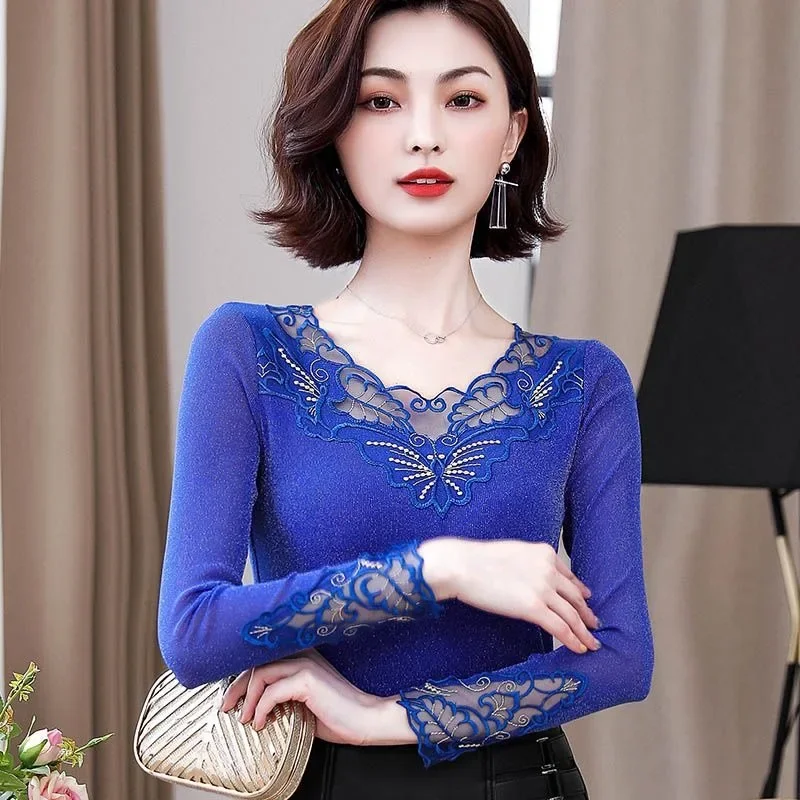 

Lace Base Shirt Women Long Sleeve T-Shirts Spring Autumn Winter Undershirt New Plus Size Hollow Out Top Mesh Shirt Tees XQ856
