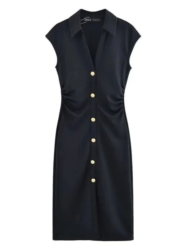 2025 Spring Summer New Women's Elegant Fashion Bead Cloth Shirt-style Short-sleeved V-neck Slim-fit Dress Long Skirt MX4A