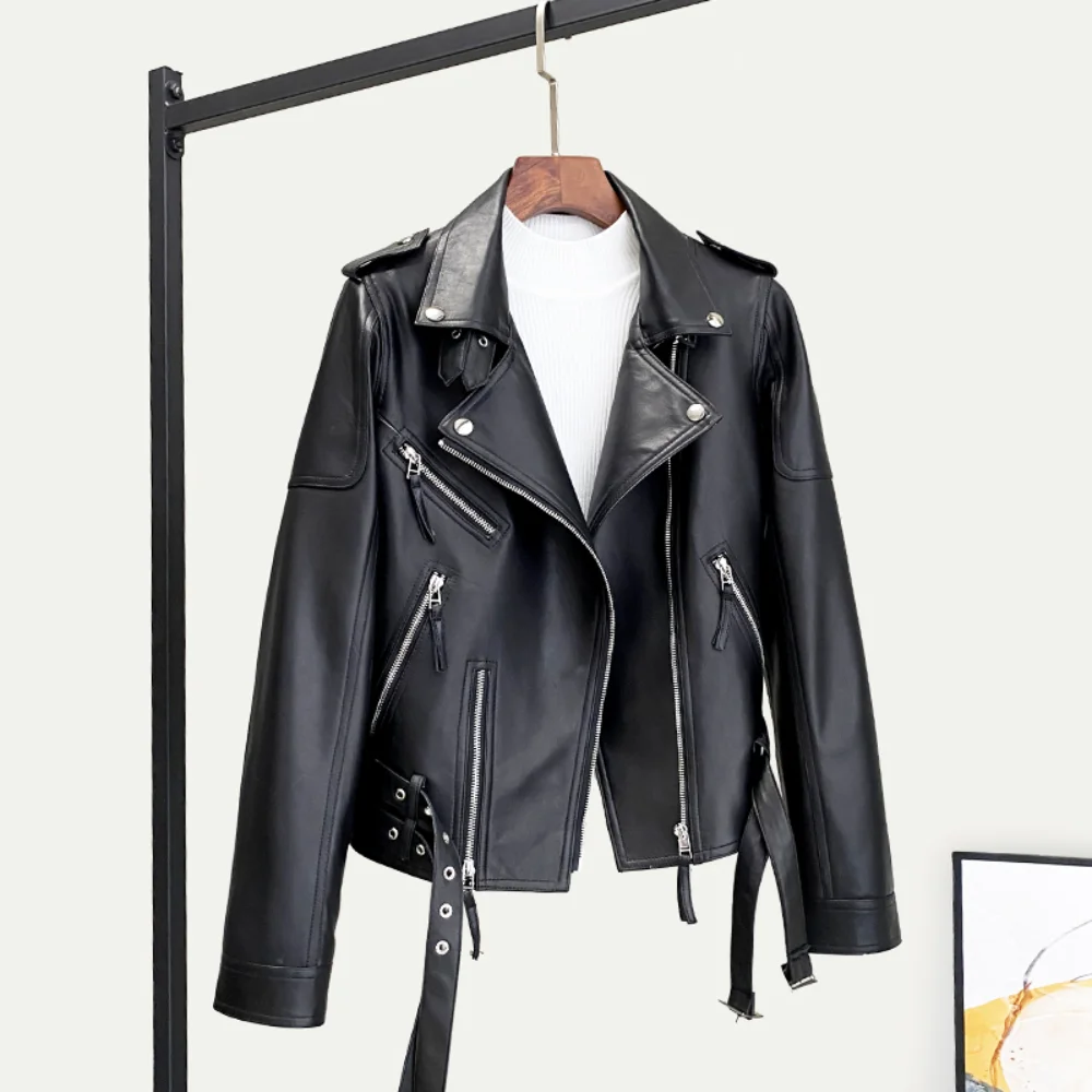 2025 Sheepskin Jacket For Women Slim Fit Genuine Leather Fashionable Versatile Suit Collar Biker Motor Jacket Belt Plus Size