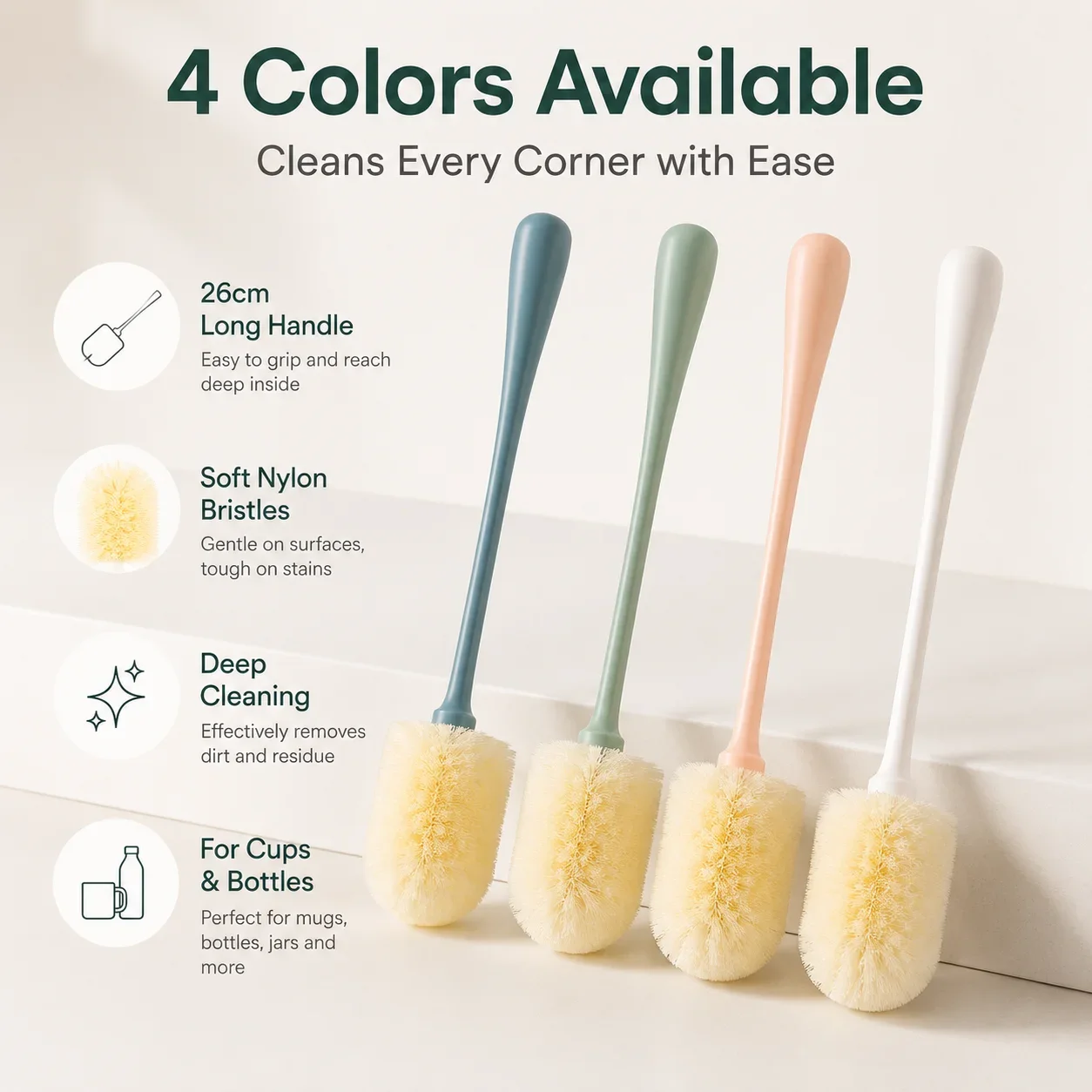 Nylon Cup Brush with Long Handle, Plastic Bottle Scrubber, Kitchen Bottle Cleaning Brush for Narrow Openings